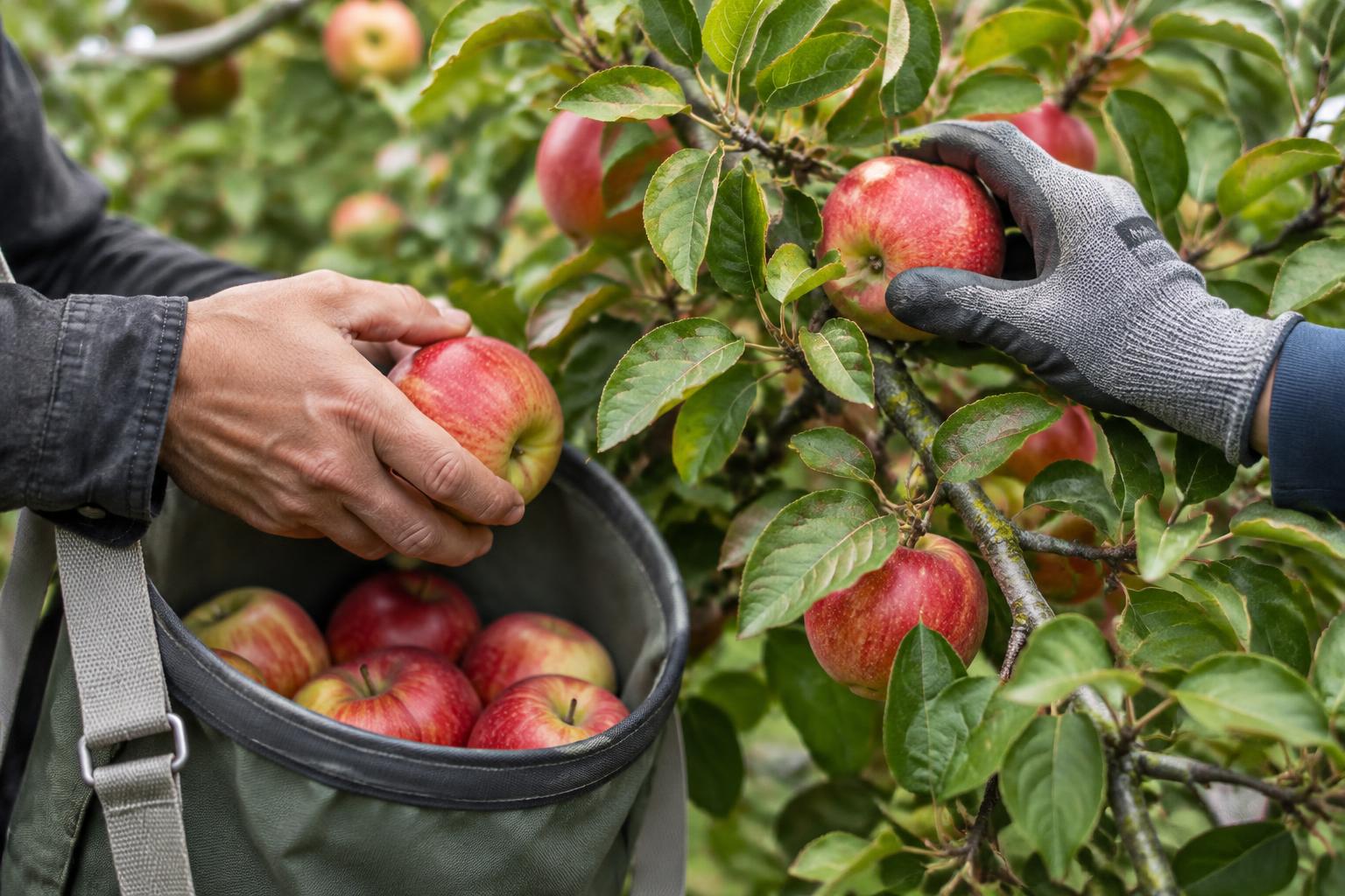 Hands picking ripe red apples into a harvest bag in an orchard
