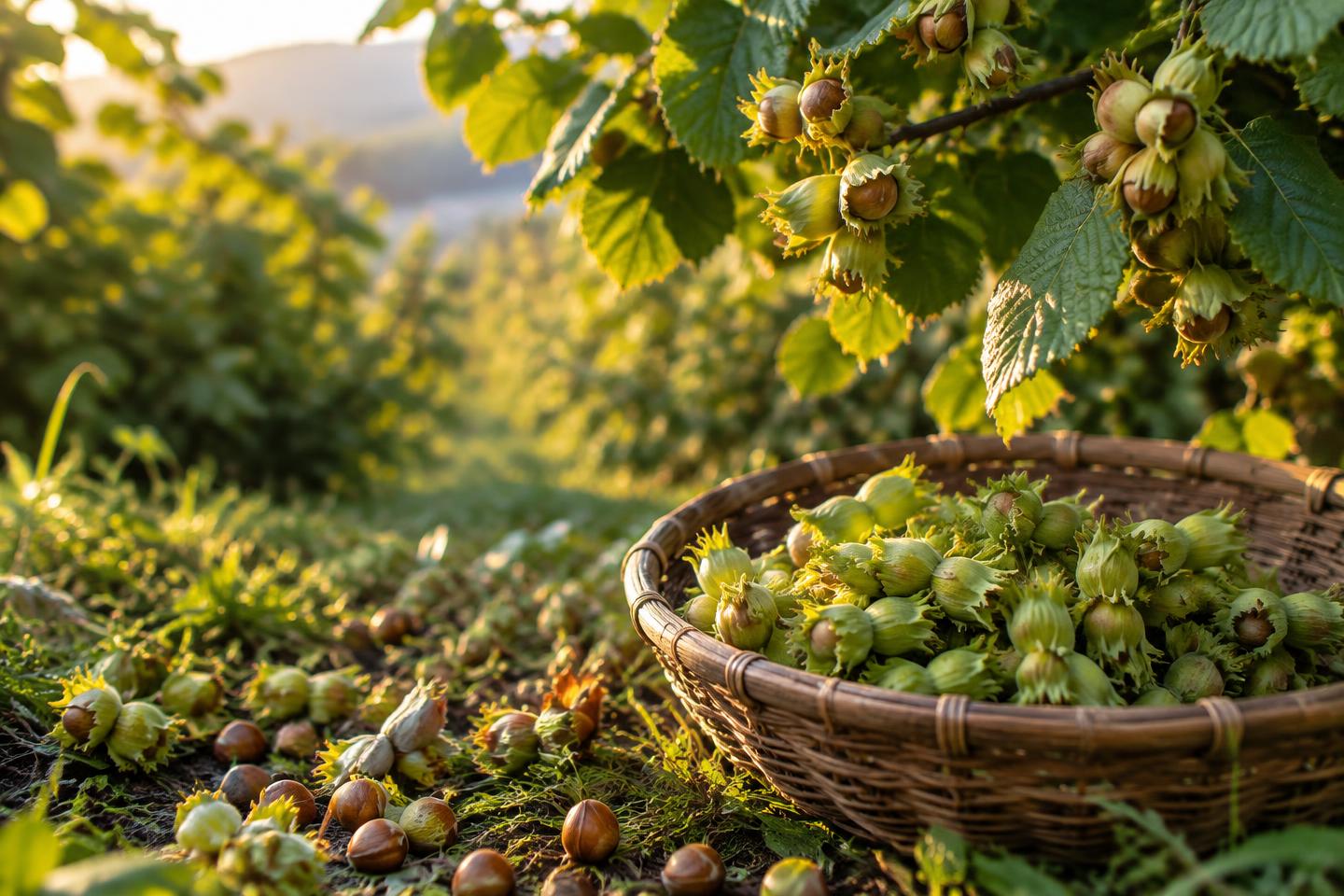 Freshly harvested premium Azerbaijani hazelnuts in leafy husks
