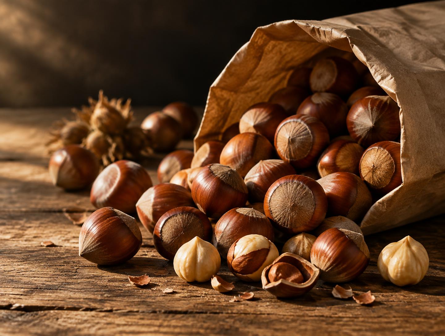 Premium Azerbaijani hazelnuts in their shells spilling from a kraft paper bag