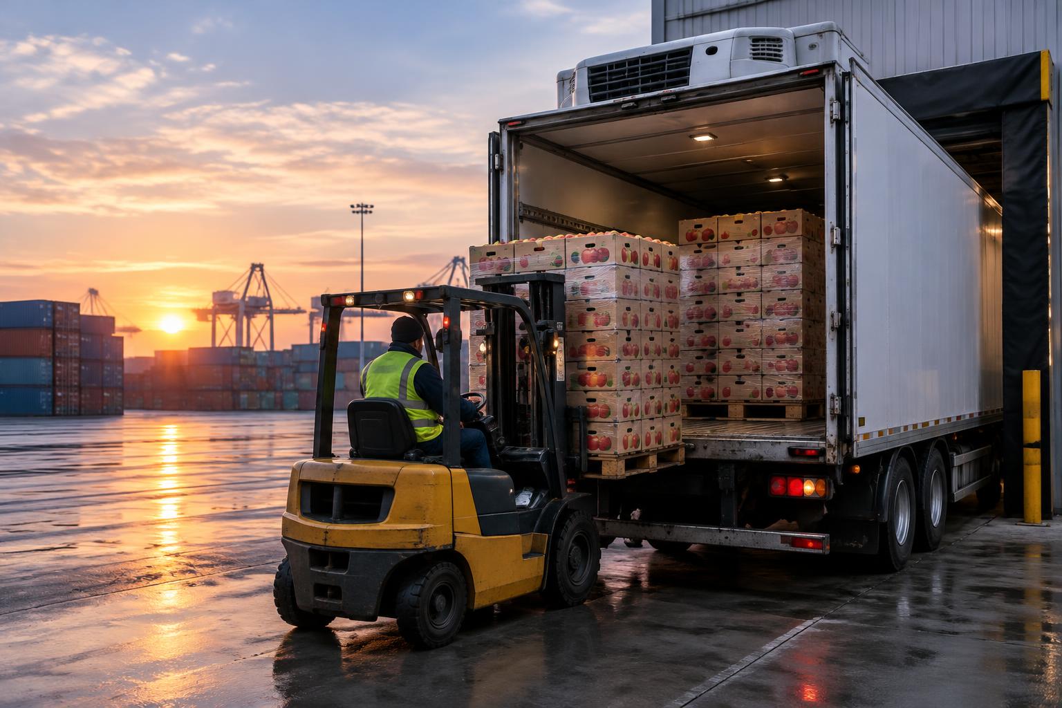 Refrigerated truck being loaded with pallets of apple cartons