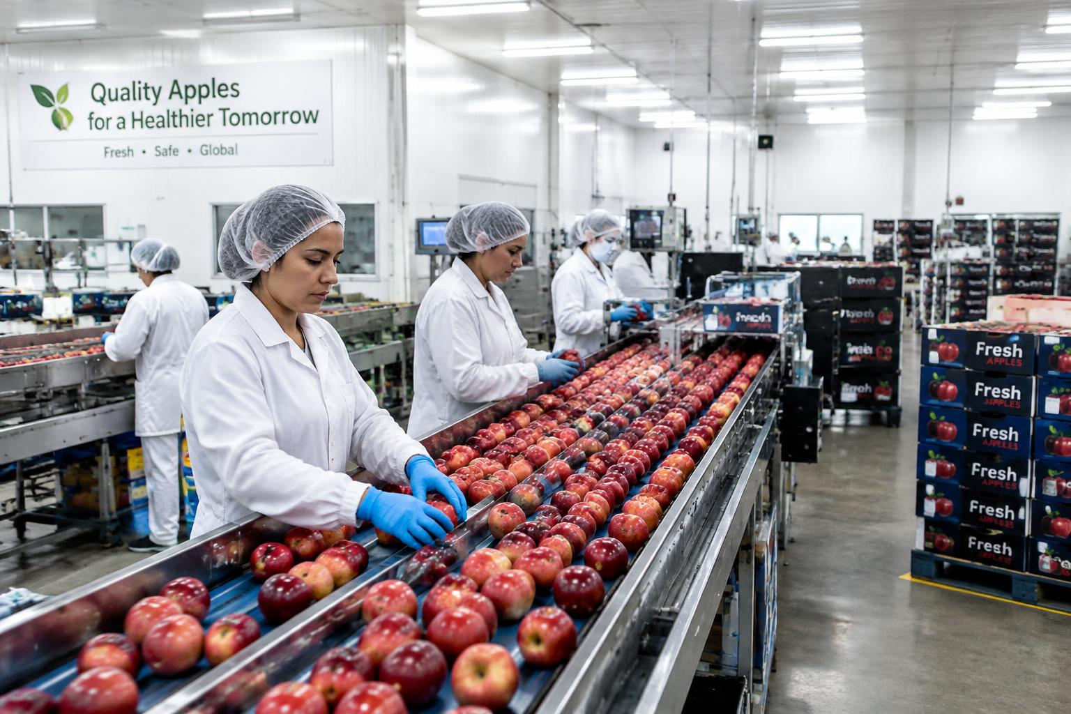 Apples being sorted and graded on a packing line